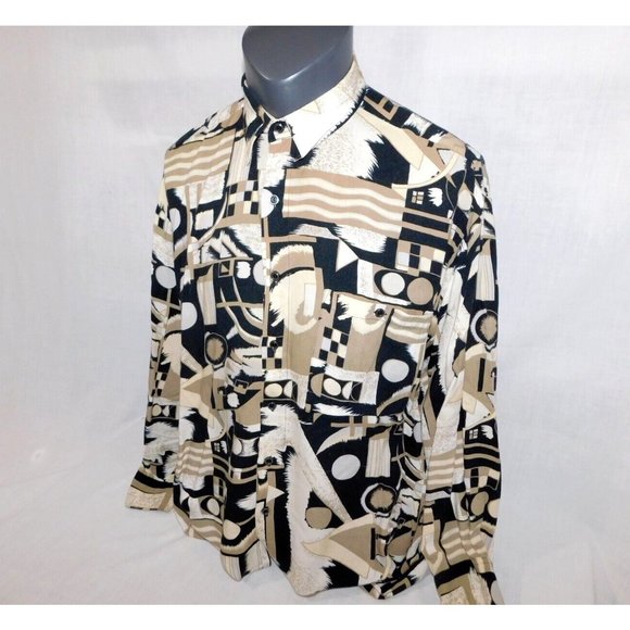 VTG Natural Issue By Feldini Men L Tan Black Geometric Shapes rayon Button Shirt - Picture 7 of 11